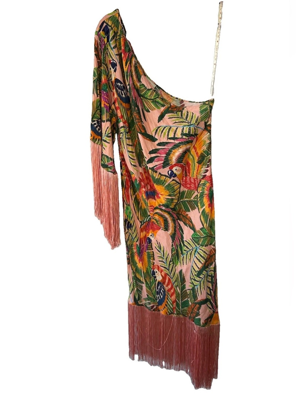 FARM Rio Macaw Leaves One Shoulder Fringe Midi Dress XL Parrot Tropical Rare - Picture 6 of 15